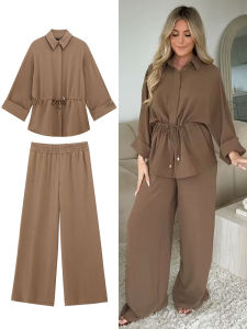 Bộ Trang Phục Nữ Gồm Áo Kimono Ren Buộc Dây Và Quần Ống Rộng Lưng Thun Phong Cách Công Sở Mùa Xuân