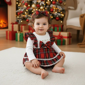 Baby Girl Autumn Winter Red Plaid Lace Bow Dress Exquisite Christmas Red Plaid Dress Baby Girl Sweet Fashion Double Layer Dress