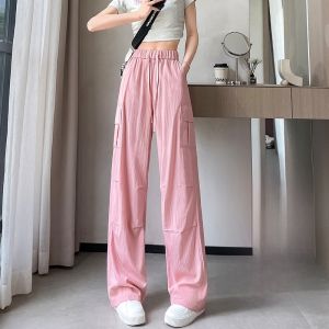 YAMIANNV | Summer High Waist Wide Leg Casual Pants Womens Drapey Versatile Loose Elastic Floor-Length Street Style Sporty Casual