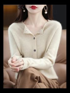 7linew fashion spring 100% merino wool womens o-neck cardigan cashmere sweater 2024 female clothing Grace knitwear Korean tops