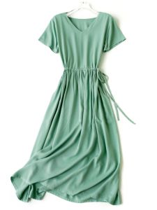 Summer Pure Color Gauze Silk Dress Full Skirt Waist Cinching Loose Slimming V-Neck Long Artificial Cotton Commute Style