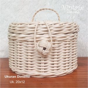 KERANJANG ROTAN BULAT dengan TUTUP TANGKAI Uk. 20x12 CM Kerajinan Tangan untuk Tempat Penyimpanan dg Warna Alami Natural
