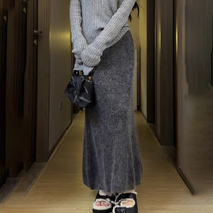 Gray Simple Fashionable Midi Skirt Womens Lazy Feel Daily Autumn New Style Mid-Length Skirts Korean Style High Waist A-Line Skirt