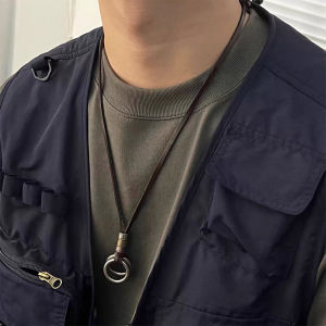 Retro Japanese Style Autumn Winter Leather Necklace Mens Trendy Ring Design Sweater Chain Accessory Vintage Fashion Jewelry