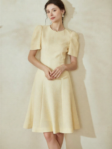 Roey s house | Bubble Sleeve Pale Yellow Waist-Cinching Flared Dress