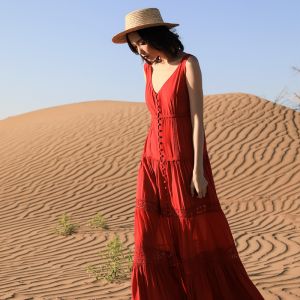 NENIAYA Sleeveless Long Dress for Women in White Pure Color Artzy Style with Patchwork Cut Out Lace Details Loose Waist