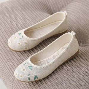 New Spring Summer Flat Bottom Cotton Linen Old Beijing Cloth Shoes Womens Ethnic Embroidery Hanfu Shoes Ancient Style Breathable Tea Costume Shoes