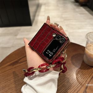 Samsung Galaxy Z Flip5 Luxury Womens Phone Case Full Cover Protective Foldable Screen Handheld Chain Red And Burgundy Leather
