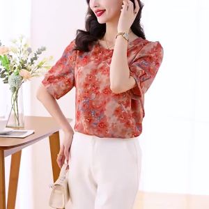 ali9 ชุดผู้หญิงไซส์ใหญ่เสื้อชีฟองคลุมท้องใส่แล้วดูผอมเพรียวแบบใหม่ฤดูร้อนเสื้อเชิ้ตแขนสั้นลายดอกไม้เสื้อแฟชั่นลดอายุ