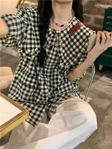 Áo Sơ Mi Kẻ Caro Cổ Búp Bê Rộng Rãi Mùa Hè Cho Nữ Tay Ngắn Cổ Điển Phong Cách Pháp Cổ Điển Phong Cách Nhật Bản Thời Trang