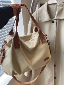 Large Capacity Canvas Tote Bag Womens Crossbody Bag Commuter Bag Soft Handle Korean Style Polyester Lining Zipper Closure