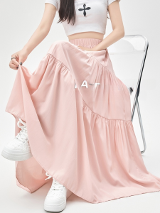 Pink A-Line Skirt for Women Half-Length Summer Style Slimming Mid-Length with Ruched Patchwork High Waist Midi Dress