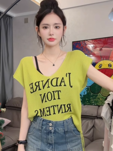 Summer Womens Knitted T-shirt Letter Print Sleeveless V-neck Drawstring Pleated Slimming Versatile Sweet-and-Spicy Style