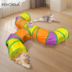 Colorful Long T-Shaped Cat Tunnel Toy Foldable Interactive Play Tube with Hanging Ball for Cats Multi-Entrance Design for Cats