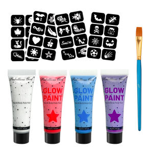 Bộ 6 Sơn Dạ Quang UV Cho Mặt Và Body - 4 Tuýp 10ml Mỗi Tuýp Kèm 4 Miếng Dán Khuôn Và Cọ Phát Sáng Huỳnh Quang Rực Rỡ Cho Tiệc Tùng Và Lễ Hội