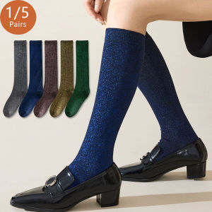 5 Pairs Women Girl Stockings Below knee Leg Pile Calf Socks Long Gold Silver Thread Sparkling Casual High Student Crew Socks