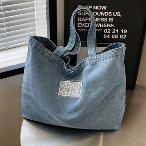Large Capacity Denim Canvas Tote Bag Women Casual Commuter Shoulder Bag Artistic Style Soft Handbag Magnetic Buckle Closure