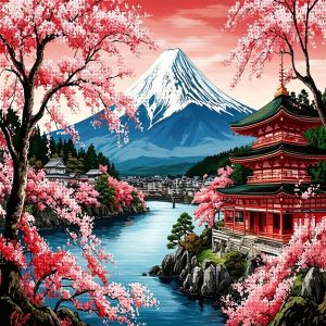 HUACAN Printed Cross Stitch Kit Mountain Landscape Volcano Hobbies Creative House Embroidery Cherry Blossom 11CT Hand Sewing