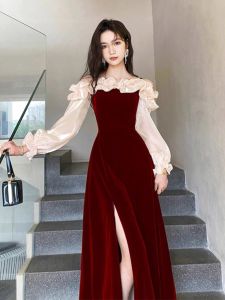 Red Long Evening Dress Womens Luxury Sensation Ultra-Long Engagement Dress Daily Light Dress Ankle-Length Floor-Length
