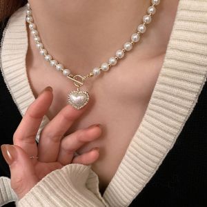 Elegant Pearl Necklace For Women Heart Pendant Necklaces Luxury Imitation Pearls Chain Necklaces Korean Jewelry E