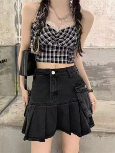 Váy Ngắn Denim Chữ a Cạp Cao Màu Đen Cho Nữ Mùa Hè Váy Ngắn Chống Hở Hang Váy Ngắn Cỡ Lớn Váy Ngắn Chữ a