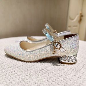 Princess Style Crystal Sandals Black High Heels Childrens Shoes for Girls Piano Performance Dress Shoes White Leather Shoes