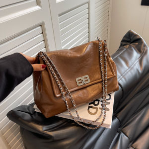 Vintage Large Capacity Womens Shoulder Bag Trendy Commuter Tote Chain Strap Soft PU Leather Casual Crossbody Bag
