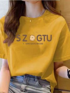 Pure Cotton Short Sleeve T-Shirt Womens Loose Fit round Neck Printed Slimming Lettering Summer Trendy Top Korean Style