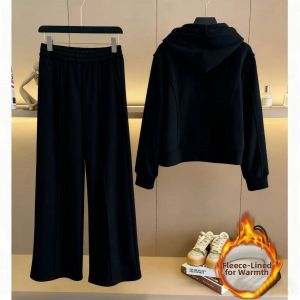 QIAOXIZI | Warm Thick Large Size Cardigan Hoodie And Wide Leg Pants Set