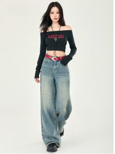 American Retro Wide Leg Jeans Womens High Waist Slimming Loose Lazy Draping Straight Floor-Length Pants Casual Denim