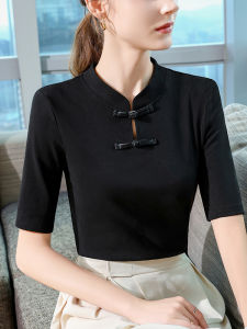 New Chinese Style Button up Sleeveless Top Womens Fashion Slim Fit Retro Stand Collar Black National Style T-Shirt Cotton Spandex Blend