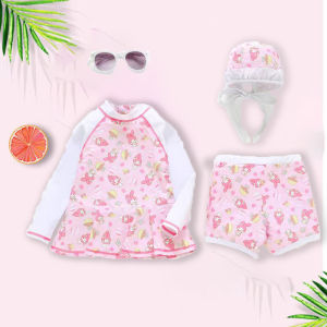 Girls Three-Piece Swimsuit Set Long Sleeve Separate Design Sun Protection Pink Cartoon Childrens Swimming Costume Baby Bikini