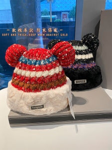 Thickened Knitted Woolen Hat Womens Winter Bear Ear Cute Cartoon Cozy Warm Full Coverage Hat Fashionable Sweet Style Streetwear