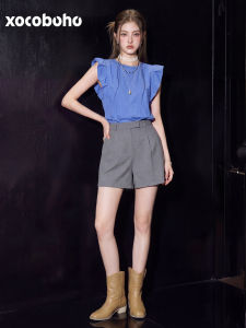 xocoboho | Korean Style Miu Casual Blue Flutter Sleeve Shirt Set 2 Pieces