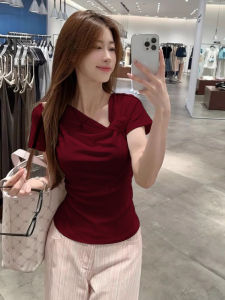 Slim Fit Short Sleeve T-Shirt Womens Summer New Style Pure Desire Design Sweet Top Asymmetric Sister Style Cool Feeling