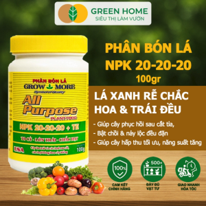 Phân Bón Lá Grow More NPK 20-20-20 GreenHome Chai 100GR To Củ Lớn Trái Chắc Hạt