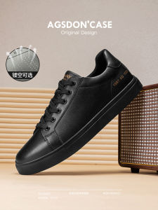 Agsdon Mens Casual Leather Shoes Black Business Casual Style Spring Autumn Seasonal Wear Resistant Rubber Outsole round Toe