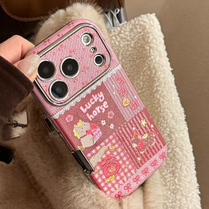 Korean Cartoon Horse Splicing Leather Texture Phone Case For iPhone 17 16 15 14 13 12 11 Pro Max With Bracelet Shockproof Cover