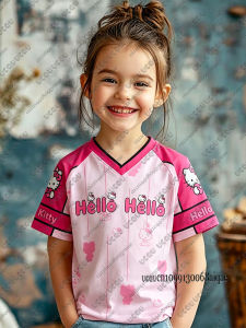 52TOYS | Summer New Cartoon Hello Kitty Print Football Jerseys For Adult/Kids Loose V-neck Sports Short Sleeve Tees Children Cute Tops
