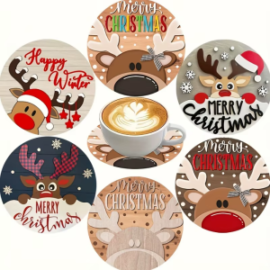 A charming 6-piece set of wooden Christmas coasters suitable for round design heat-resistant and anti-slip - ideal for home de