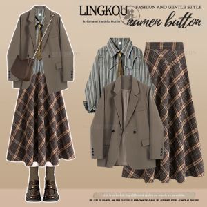 NUMEN BUTTON | Business Elegance Stripe Tie Shirt & Plaid Skirt Set