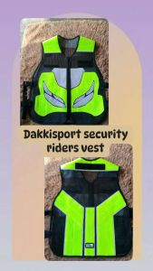 Dakkisport security riders vest with reflective strips and mesh panels for ventilation. velcro name