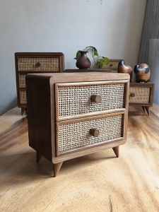 ตู้ไม้สักมินิมอล แบบหวายสานสองลิ้นชัก ประดับตกแต่งบ้าน Thai Cabinet old teakwood