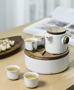 Ceramic Tea Set Travel Teapot Set with Tray One Pot Four Cups Mable White