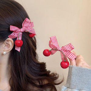 WHC Jewelry กิ๊บติดผมลายตารางโบว์เชอร์รี่สีแดงเหมาะสำหรับสไตล์หวานเกาหลีสำหรับฤดูใบไม้ผลิและฤดูร้อน Kado Ulang Tahun ที่งดงามของเหมาะสมสำหรับผู้หญิง