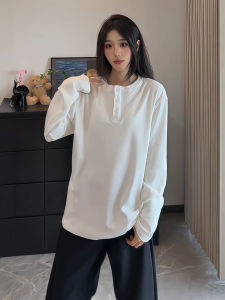 เสื้อยืดคอกลมแขนยาวสีขาวสำหรับผู้ชาย ทรงหลวม ดีไซน์สไตล์เกาหลี สวมใส่สบาย ระบายอากาศได้ดี ระบายความชื้นได้ดี