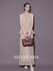 SHANGSHA | Fall Beach Vacation Stylish Pleated Halter Dress Set