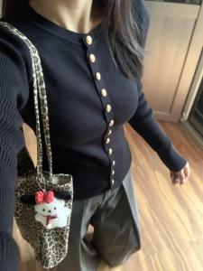 Áo Len Dệt Kim Dài Tay Màu Đen Ôm Vừa Vặn Cho Nữ Áo Khoác Cardigan Hở Một Hàng Áo Sơ Mi Cơ Bản Áo Khoác Ngoài Mùa Thu Xuân