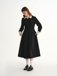 DUSHU | Light Sweet Removable Lace Hem Two-color Collar Pique Design Large-size Womens Dress