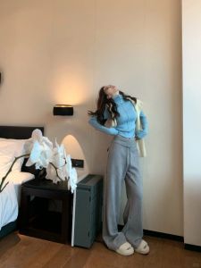 Womens Autumn Winter Knitted Sweater And Pants Set Casual Flowing Style Versatile Slimming Long Sleeve round Neck Button up